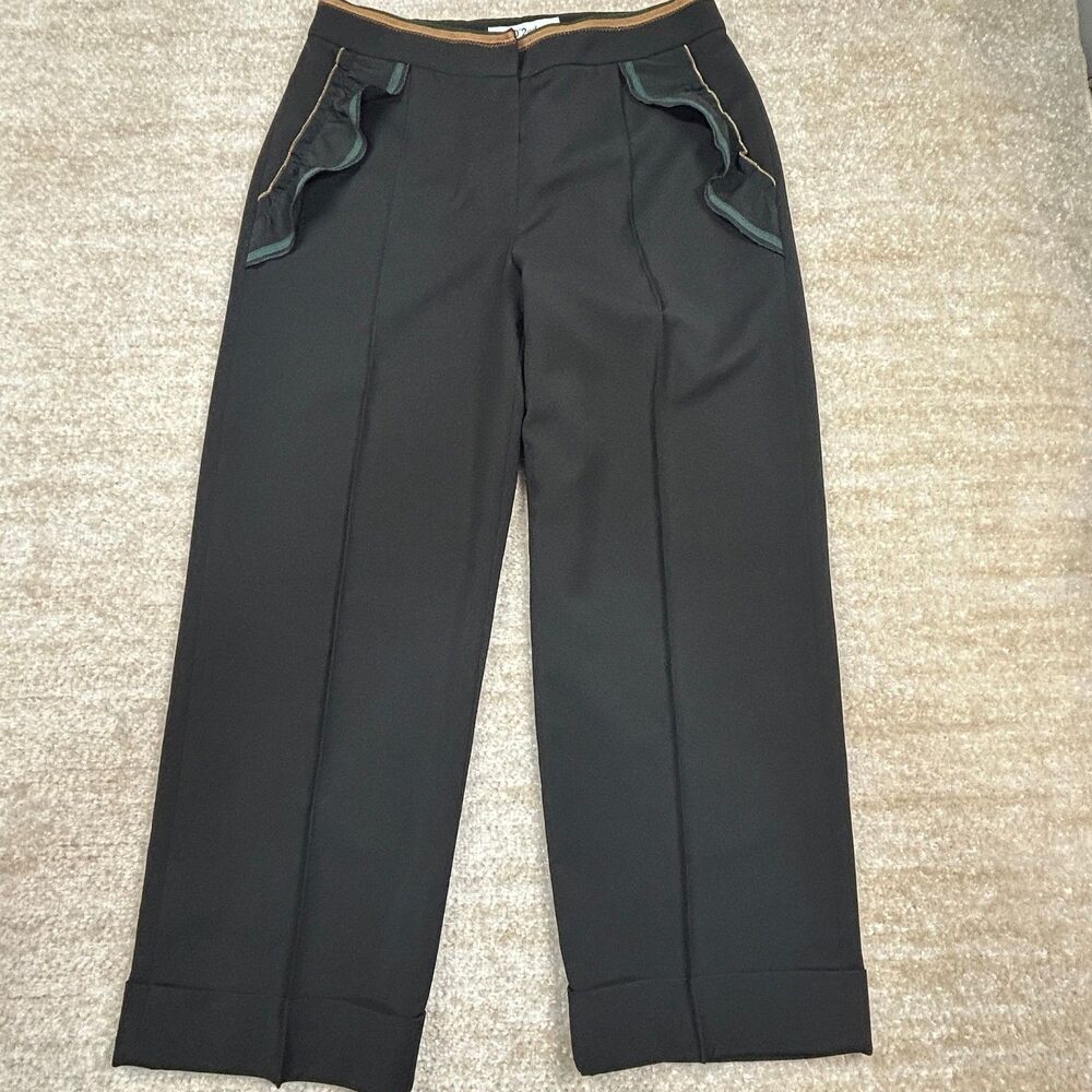 O'2nd Pants Womens 1 Black Ruffle Pocket Straight Leg Cuffed Stretch Trousers